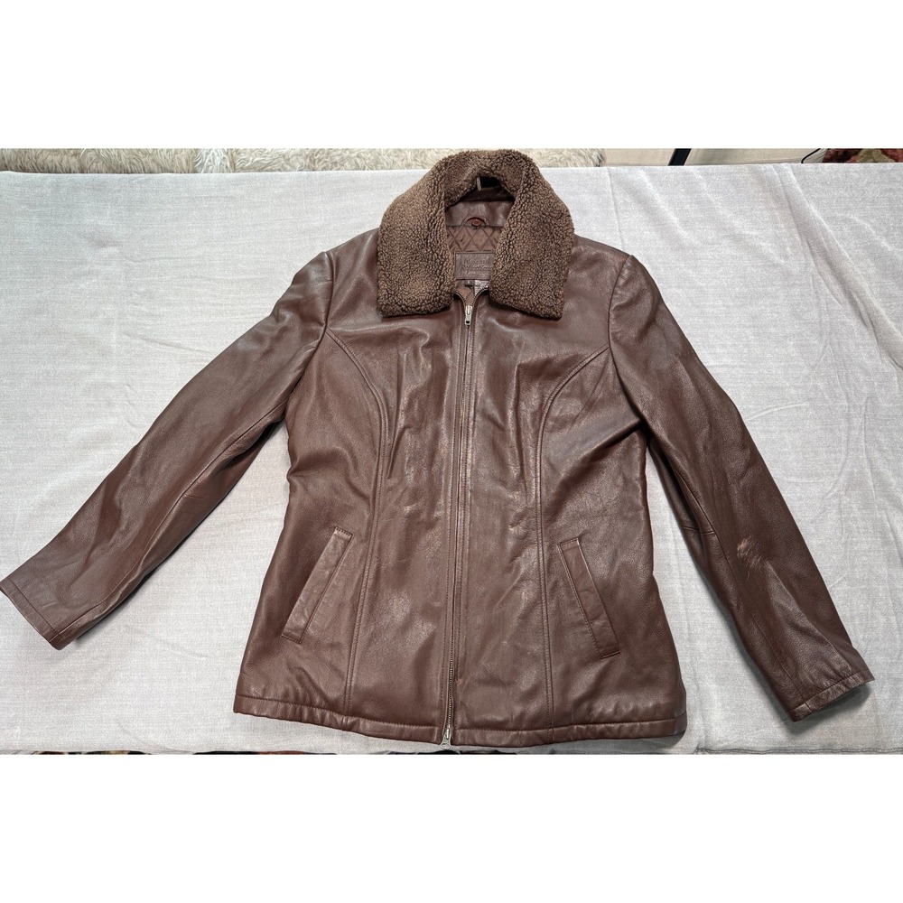 Natural Reflections Womens L Brown Leather Jacket Sherpa Collar Quilted Lining